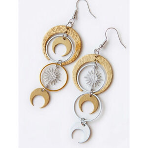 Silver Gold Celestial Sun Star Hoop Dangle Earrings